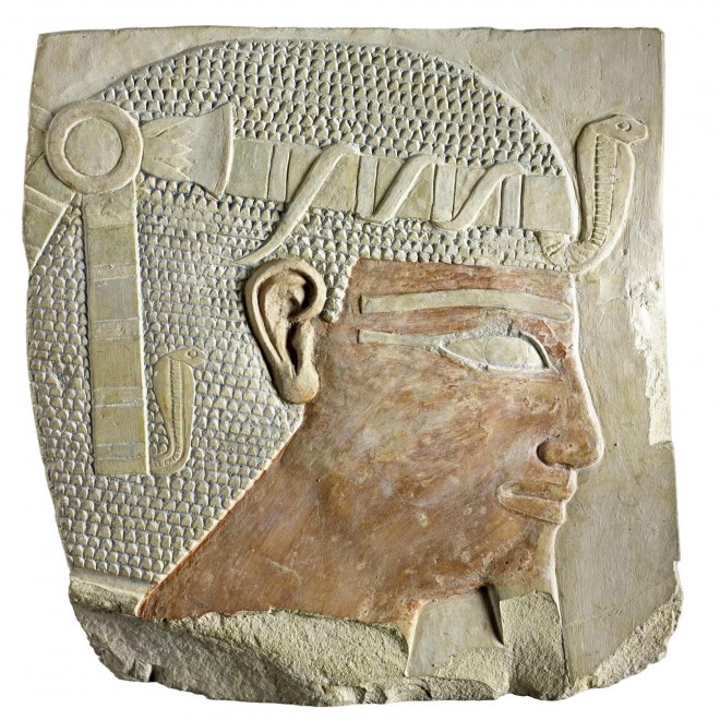 Relief fragment depicting King Nebhepetre Montuhotep II from his mortuary temple at Deir el-Bahri, Thebes, Egypt [A.1906.349]. © National Museums Scotland